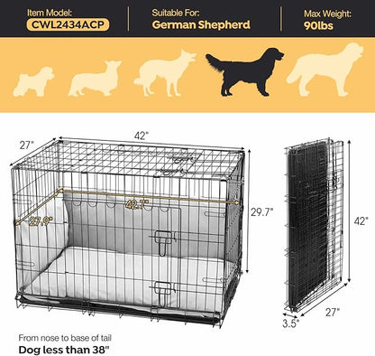Veehoo 42 inch Dog Crates for Large Dogs with Bumper-Three Doors Folding Metal Wire Dog Crate Cage, Indoor Outdoor Large Dog Crate with Plastic Leak-Proof Tray-Portable Pet Kennel Kit