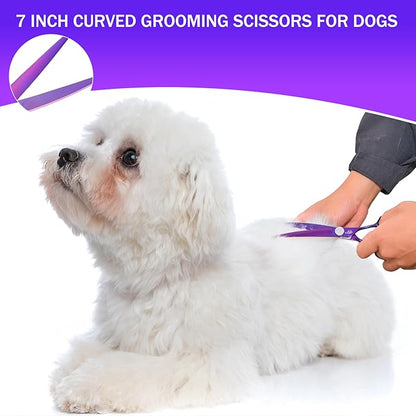 7 Inch Curved Scissors for Dog Grooming, 440C Stainless Steel Pet Hair Trimming Shears with Safe Round Tips, Professional Downward Curve for Dogs, Cats, and Other Pets