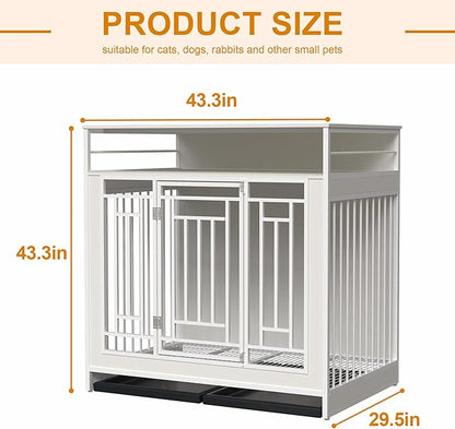 43.3 Inch Wooden Dog Crate Furniture for Large Dogs with Storage Drawers,Heavy Duty Double Door Pet Kennel with Divider,Decorative Dog House for Living Room,Bedroom,White