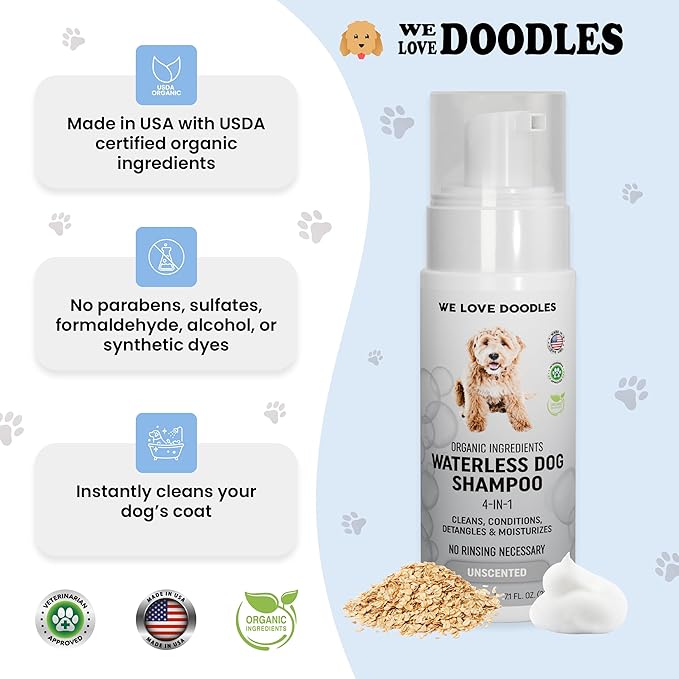 Waterless Dog Shampoo - Cleans & Moisturizes Coat, No Rinse Dog Shampoo, Safe Foam Formula & Pet-Friendly Dog Deodorizing Spray, 5.2 oz (Unscented) [We Love Doodles]