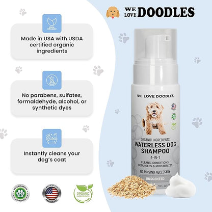 Waterless Dog Shampoo - Cleans & Moisturizes Coat, No Rinse Dog Shampoo, Safe Foam Formula & Pet-Friendly Dog Deodorizing Spray, 5.2 oz (Unscented) [We Love Doodles]