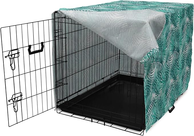 Lunarable Leaf Dog Crate Cover, Fresh Tropical Exotic Island Palm Tree Leaves in Jungle Abstract Watercolor, Easy to Use Pet Kennel Cover for Medium Large Dogs, 36 Inch, Pale Blue and Green