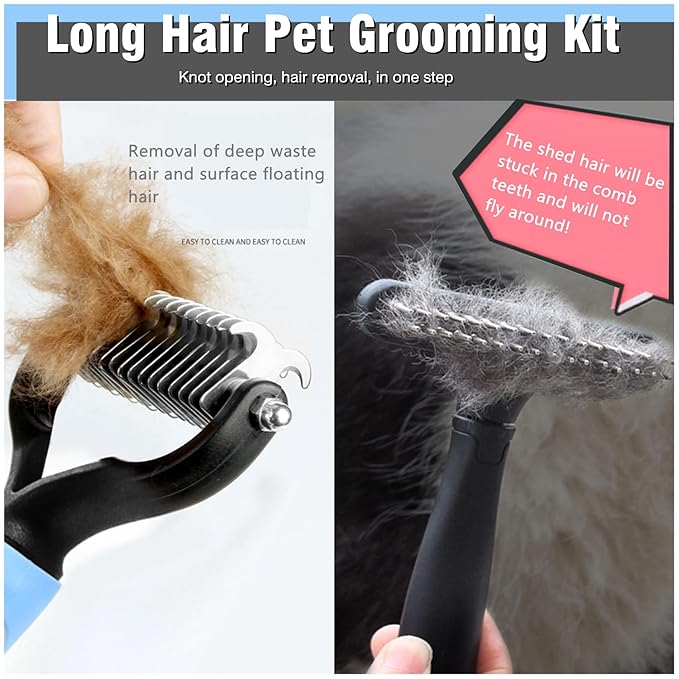 Undercoat Rake for Dogs, Dematting Tool Set Long Haired Dog Grooming Rake Brush + Deshedding Brush Comb, Under Coat Brush Cat Rake with Double Row Stainless Steel Pins