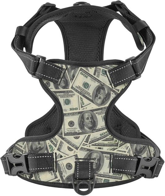 No Pull Dog Harness for Medium Dogs Easy Walk Dog Vest Adjustable Collars Harnesses & Leashes Set Breathable Oxford Outdoor Walking Safety Reflective Strip Dollar Cash Prints