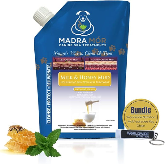 Worldwide Nutrition Madra Mor Milk & Honey Mud Spa Bath for Dogs | Dog Bath for Dog Grooming | 10oz Pouch Mud Bath Dog Essentials with Multi-Purpose Key Chain, brown