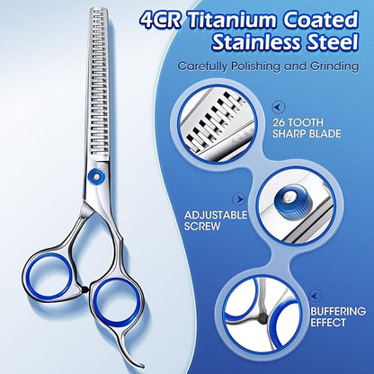 Gimars Professional 5 in 1 Grooming Scissors for Dogs 4CR with Safety Round Tip, Heavy Duty Titanium Coated Straight & Thinning & Curved Shears
