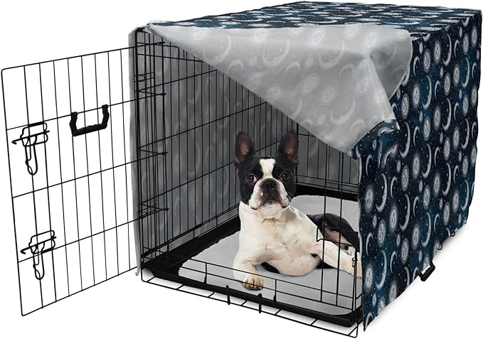 Ambesonne Sun and Moon Dog Crate Cover, Heavenly Bodies in Starry Night Sky Graphic Theme, Easy to Use Pet Kennel Cover for Small Dogs Puppies Kittens, 22 Inch, Blue Grey