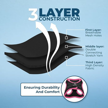 Voyager Step-in Air Dog Harness - All Weather Mesh, Reflective, No Pull Harness for Small, Medium Dogs, Cats - Secure with Hook & Loop Fastener, Buckle, Double D-Rings - Black/Pink Trim, L