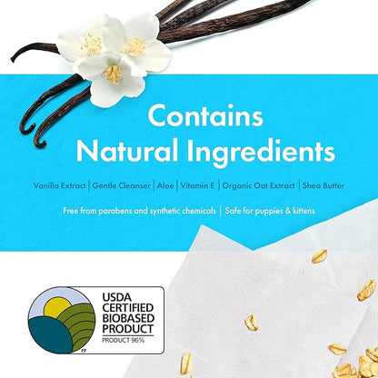 Petkin Plant-Based PetWipes, 200 Wipes - Biobased, Sustainable, Big & Thick Pet Wipes for Dogs & Cats - for Face, Paws, Ears, Body & Eye Area - Consciously Cleans & Conditions - Vanilla