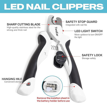 TwoEar Dog Nail Clippers with Light, Dog Nail Trimmers with Quick Sensor & Safety Guard, Razor Sharp Blade, LED Pet Nail Clippers/Dog Toenail Clippers for Medium Large Dogs, Black