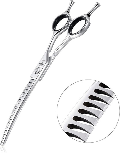 PURPLEBIRD 6.5 Inch Downward Curved Dog Grooming Scissors Pet Chunker Shears Professional Safety Blunt Tip Trimming Shearing for Dogs Cats Face Paws Limbs Japanese Stainless Steel Silver