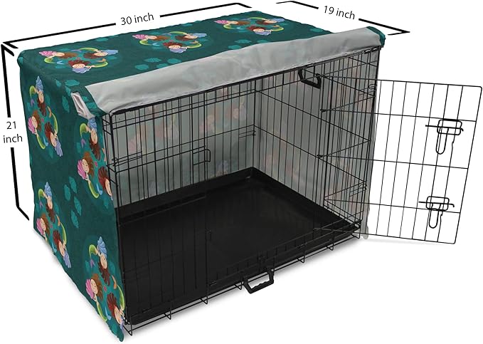Lunarable Mermaid Dog Crate Cover, Smiling Happy Cheerful Mermaids with Seashells Scallops Exotic Waters Spirals, Easy to Use Pet Kennel Cover for Cats & Medium Dogs, 30 Inch, Teal Multicolor