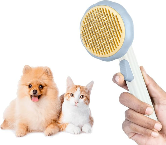 Self Cleaning Slicker Brush, Dog Cat Bunny Pet Grooming Shedding Brush - Easy to Remove Loose Undercoat, Pet Massaging Tool Suitable for Pets with Long or Short Hair (Grey & White)