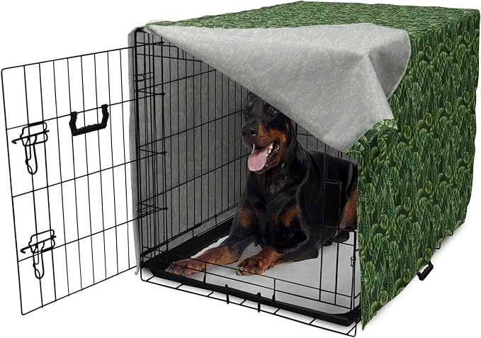 Lunarable Hunter Green Dog Crate Cover, Tropical Palm Leaves Exotic Plants Hawaiian Trees Jungle Natural Design, Easy to Use Pet Kennel Cover for Medium Large Dogs, 42 Inch, Fern Green