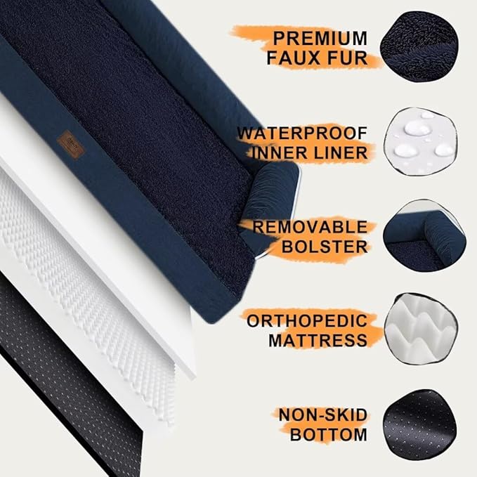 Orthopedic Large Dog Bed Washable: Orthopedic Dog beds for Large XXXLarge Size Dogs, Waterproof Washable Cover with Egg Foam Removable Bolster, Navy Blue Pet Beds for Large Dogs