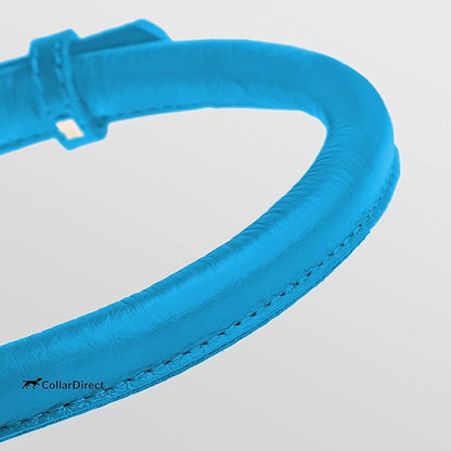CollarDirect Rolled Leather Dog Collar, Soft Padded Round Puppy Collar, Handmade Genuine Leather Collar Dog Small Large Cat Collars 13 Colors (11-14 Inch, Light Blue Textured)