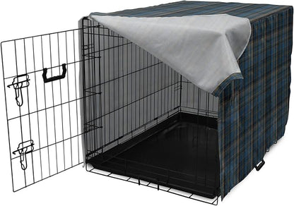 Lunarable Plaid Dog Crate Cover, Striped Geometric British Pattern Modern Design Elements in Patel Colors, Easy to Use Pet Kennel Cover for Medium Large Dogs, 42 Inch, Azure Blue and Marigold