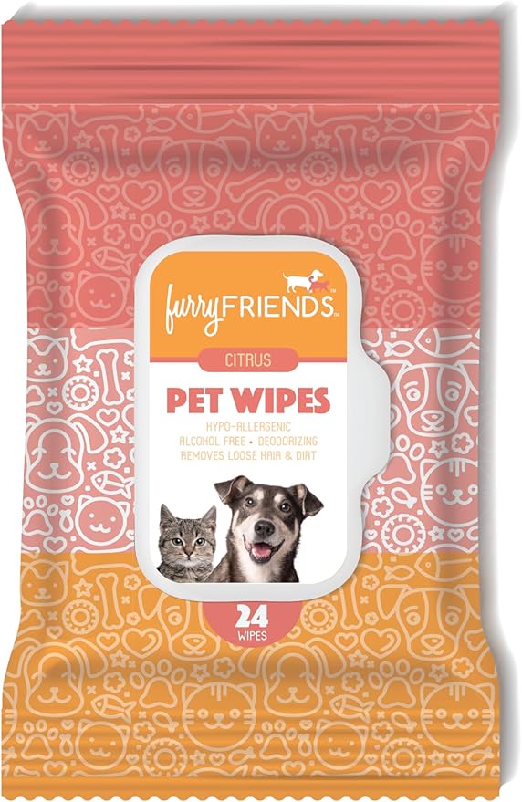 FurryFriends Pet Wipes | Citrus Scented | Hypo-allergenic | Alcohol Free| Deodorizing | Removes Loose Hair & Dirt | Incredibly Clean | 8 Pack
