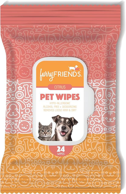 FurryFriends Pet Wipes | Citrus Scented | Hypo-allergenic | Alcohol Free| Deodorizing | Removes Loose Hair & Dirt | Incredibly Clean | 8 Pack