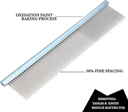 Metal Dog Grooming Comb for Shedding Tangles,Knots,Mats.Dog Combs With Long Wide Tooth for Long Thick Curly Hair Metal Pet Comb for Poodles and Goldendoodles Dematting.7.5INCHES.(Blue)