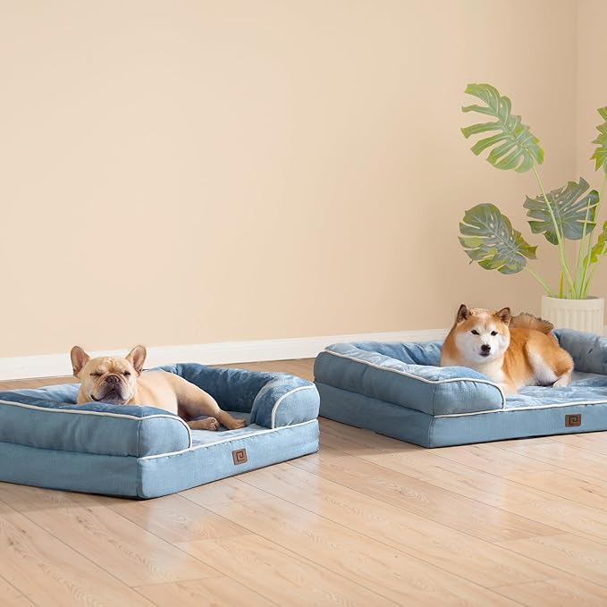 EHEYCIGA Orthopedic Dog Beds for Large Dogs, Waterproof Memory Foam Large Dog Bed with Sides, Non-Slip Bottom and Egg-Crate Foam Large Dog Couch Bed with Washable Removable Cover, Washed Blue