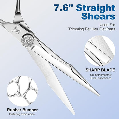 GLADOG Luxury Dog Grooming Scissors Set - 7" Straight, 6.5" Thinning, 7" Chunkers, 7" Curved Dog Shears for Grooming - 9CR Steel, Professional Grooming Kit, Pet Grooming Scissors for Dog and Cats
