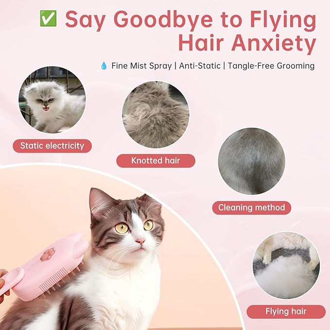 Steam Brush for Cats, 3 in 1 Steam Comb for Shedding Dog Pet Hair Cleaning Brush for Spray Dog Grooming for Long & Short Haired Pets – Cat Hair Spritz Defur Comb