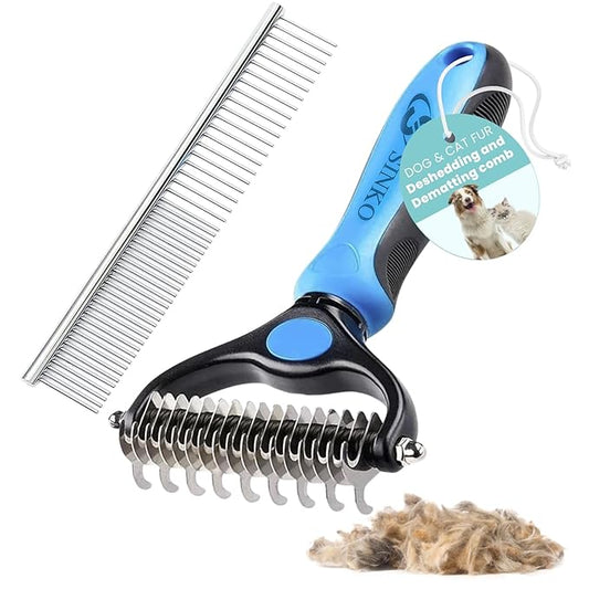 Undercoat Rake for Dogs & Cats, Dematting Comb with Extra Wide Double-Sided Stainless Teeth for Detangling, Deshedding, Brushing & Removing Shed Fur, Knots, Mats, and Tangles in Pets (Brush and comb)