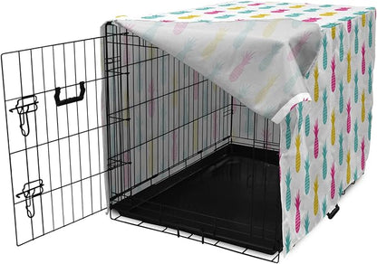 Lunarable Yellow Pineapple Dog Crate Cover, Rhythmic Ananas Fruits in Colorful Design Summer Tropical Concept, Easy to Use Pet Kennel Cover for Medium Large Dogs, 48 Inch, Turquoise Hot Pink