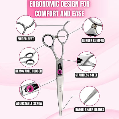 Kenchii Left Handed Dog Grooming Scissors | 7 Inch Shears | Straight Scissors for Dog Grooming | Love Collection Dog Shears | Pet Grooming Accessories | Pet Hair Trimming Scissor
