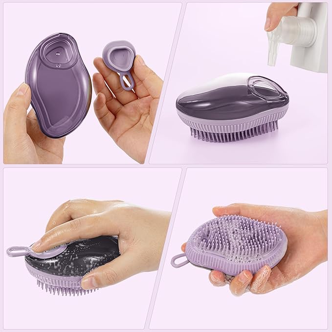 Pet Grooming Bath Massage Brush with Soap and Shampoo Dispenser Soft Silicone Bristle for Long Short Haired Dogs Cats (PURPLE)