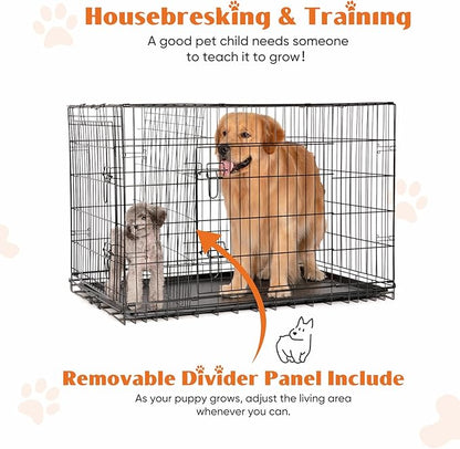 Sweetcrispy Dog Crate with Divider Panel, 48 Inch Double Door Folding Metal Wire Dog Cage with Plastic Leak-Proof Pan Tray, Extra Large Pet Kennel for Indoor, Outdoor, Travel