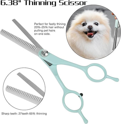 Professional Dog Grooming Scissors Set, 4 in 1 Dog Grooming Scissors Kit, Curved Dog Scissors Pet Thinning Shears, Pet Grooming Supplies, Blue