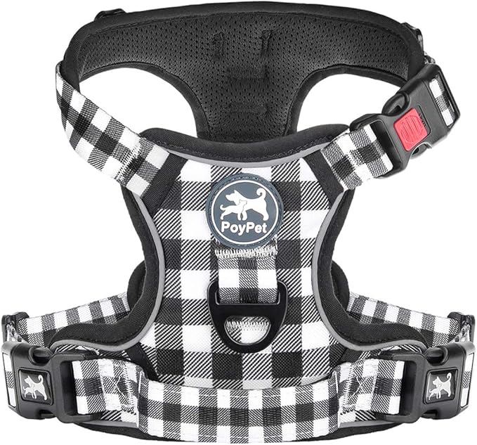 PoyPet No Pull Dog Harness, [Neck Release] Reflective Adjustable No Choke Pet Vest with Front & Back 2 Leash Attachments, Soft Control Training Handle for Small Dogs(Grid,XL)