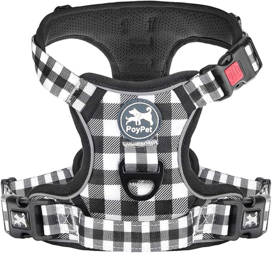 PoyPet No Pull Dog Harness, [Neck Release] Reflective Adjustable No Choke Pet Vest with Front & Back 2 Leash Attachments, Soft Control Training Handle for Small Dogs(Grid,XL)