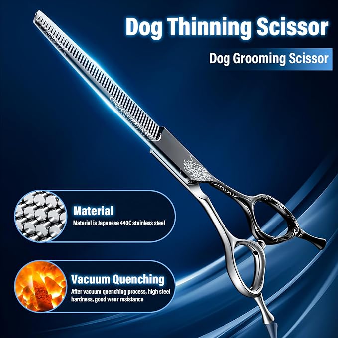 Purple Dragon Dog Grooming Scissors 7-Inch Thinning Shears- Professional Pet Hair Trimming Shears for Dogs & Cats, Sharp 440C Japanese Steel, Ergonomic Design for Comfort and Precision
