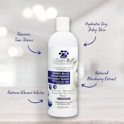 Lillian Ruff Berry Blue Brightening Face and Body Wash for Dogs - Blueberry Shampoo - Remove Tear Stains, Hydrate Dry Itchy Skin, Add Shine & Luster to Coats (Berry Blue Shampoo & Conditioner Set)