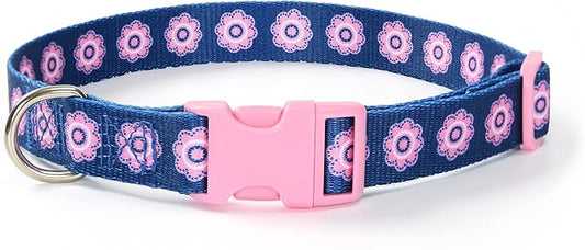 Mile High Life Dog Collar | Cute Puppy Collars | Lightweight Girl Dog Collar | Soft Boy Dog Collars | w Geometric Plaid Wave Line Pattern (Pink Flower, Medium)