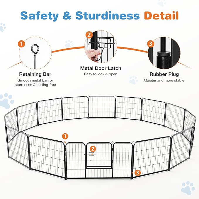 Sweetcrispy Dog Playpen Indoor - Pet Fence Exercise Pen for Yard Gate 16 Panels Foldable Puppy Playpens with Doors Metal Dog Pen for Camping, RV, Outdoor, Small/Medium Pets, 24” Height