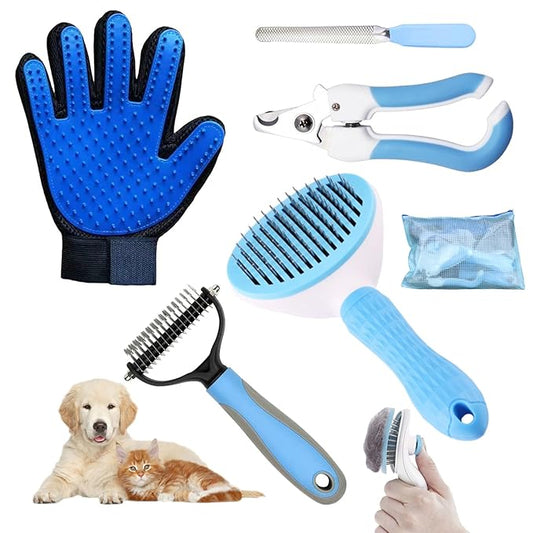Comprehensive Pet Grooming Kit - Slicker Brush, Deshedding Tools, Nail Clippers, Polisher, Gloves and Bag for Dogs and Cats