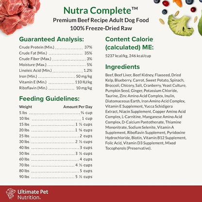 ULTIMATE PET NUTRITION Nutra Complete, 100% Freeze Dried Veterinarian Formulated Raw Dog Food with Antioxidants Prebiotics and Amino Acids (1 Pound, Beef)