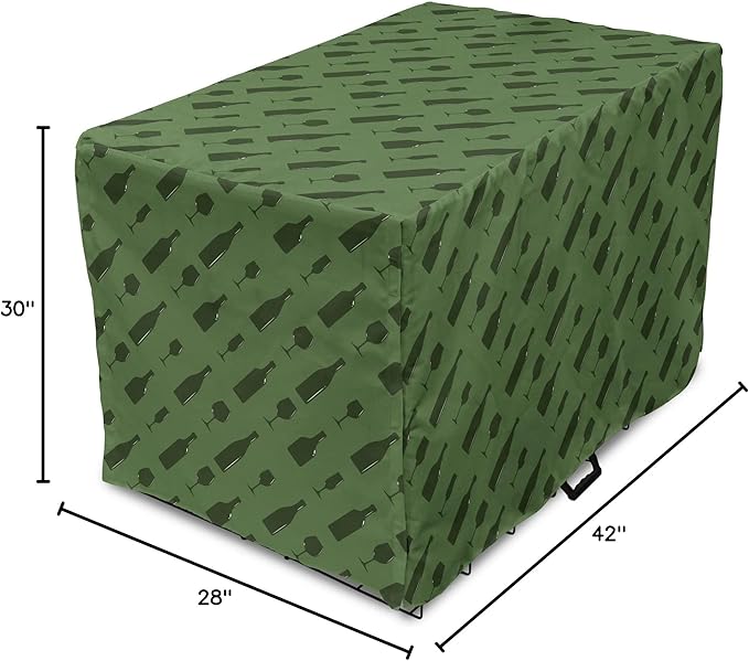 Lunarable Drinks Dog Crate Cover, Monotone Style Shapes of Wine Bottles and Glasses Diagonally Arranged, Easy to Use Pet Kennel Cover for Medium Large Dogs, 42 Inch, Reseda Green Olive Green