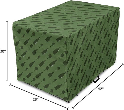 Lunarable Drinks Dog Crate Cover, Monotone Style Shapes of Wine Bottles and Glasses Diagonally Arranged, Easy to Use Pet Kennel Cover for Medium Large Dogs, 42 Inch, Reseda Green Olive Green