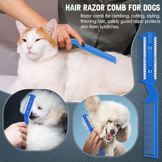 Yinkin 5 Pieces Razor Comb for Dogs Hair Grooming Trimmer for Pet Razor Comb with 25 Extra Blades Manual Dog Hair Trimmer Double Edge for Cats Hair Cutting Tool(Blue)