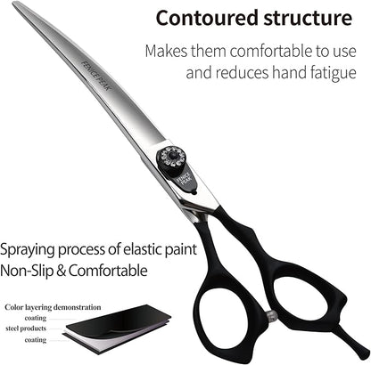 Fenice Peak 7.5'' Professional Curved Dog Grooming Scissors Heavy and Anti-Slip Black Handler 440C Stainless Steel Pet Cutting Shears Safety Trimming Shearing for Dogs Cats