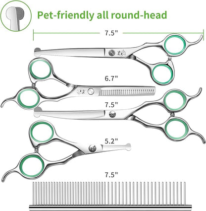 LovinPet Dog Grooming Scissors Set, all Safety Round Tips Professional 6 in 1 Germany Stainless Steel Dog Grooming Scissors Kit,Sharp and Durable Pet Grooming Shears for Dogs Cats for Home and Travel