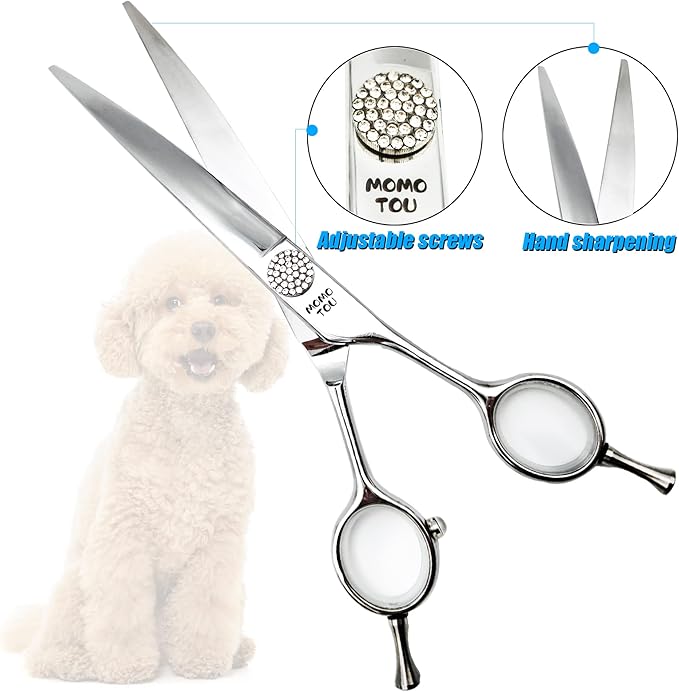 Polished Dog Grooming Scissors Set with Simulation Diamond 440C Stainless Steel Thinner Curved Straight Chunker Shears with Comb 8''