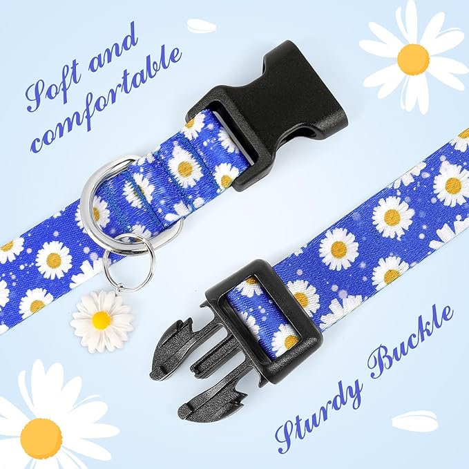 BiPawTi Cute Dog Collars with Flower Floral - Small Dog Collars for Puppies, Soft Dogs Collar for Girl Boy Female Dogs Pet with Pretty Daisies Charms (S, Blue)