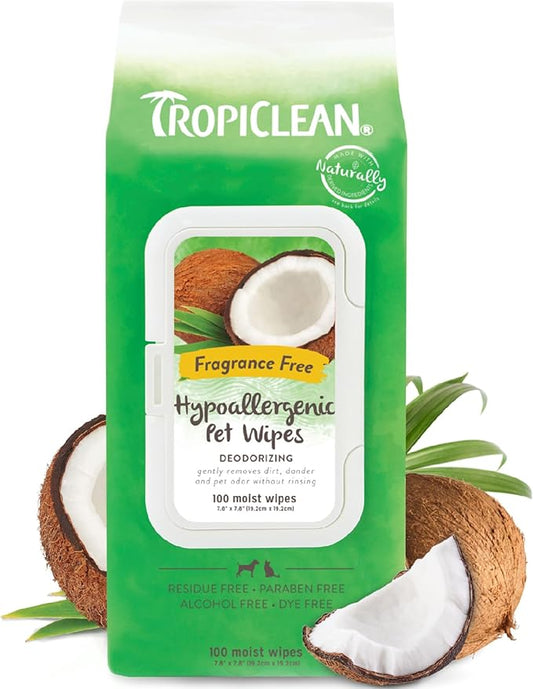 TropiClean Hypoallergenic Dog Wipes for Paws, Butt, Face and Body, Safe for Puppy, Puppy Essentials, Cleaning Deodorizing, Unscented, Cat Safe, 100ct