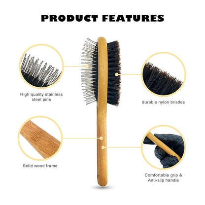 Der Meister Dogs & Cats Double Sided Boar Bristle Pin Brush, Pets Hair Remover, Gently Cleaning Grooming Tool with Bamboo Handle, Remove Loose Hair, Fur, Undercoat, Mats, Tangle, Knots